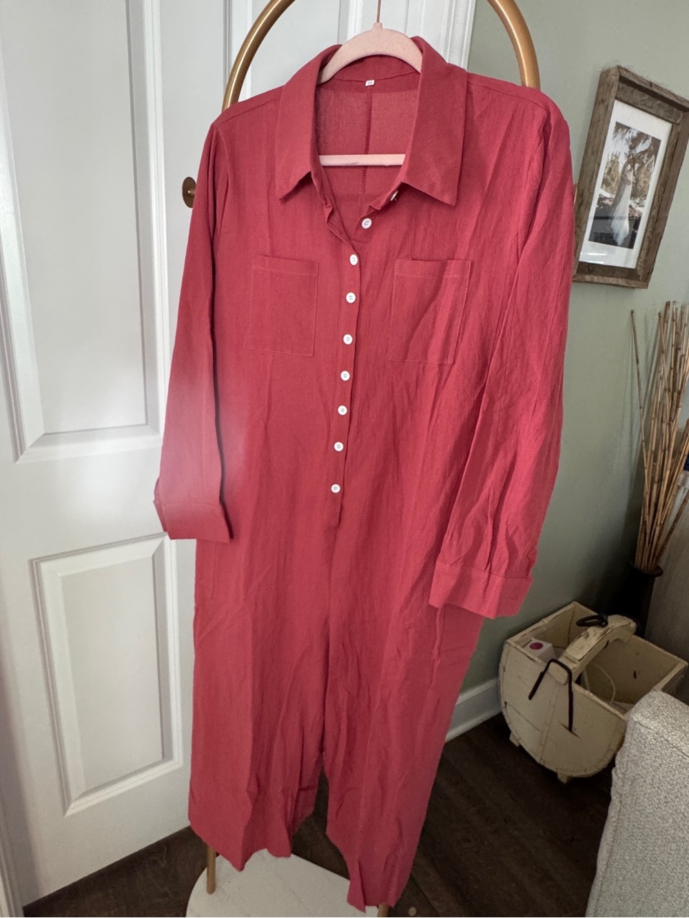 Lightweight Button-Front Red Jumpsuit